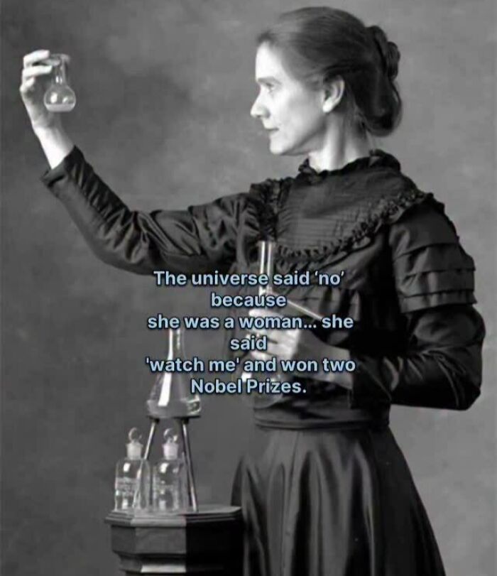 Historical image of woman scientist holding flask who won two Nobel Prizes