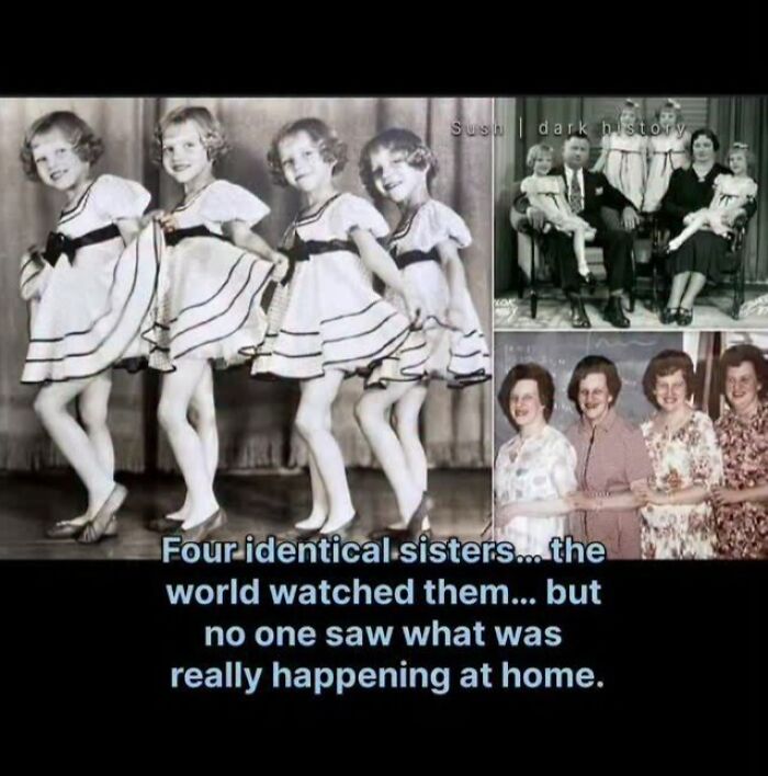 Four identical sisters performing in matching dresses in creepy historical facts image