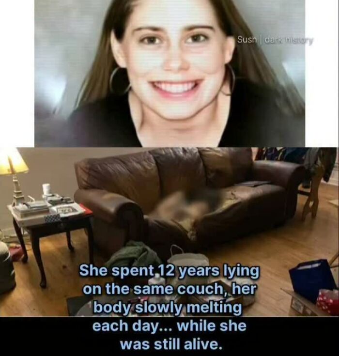 Photo of a young woman with a blurred image of a couch illustrating horrifying historical fact about lying for years