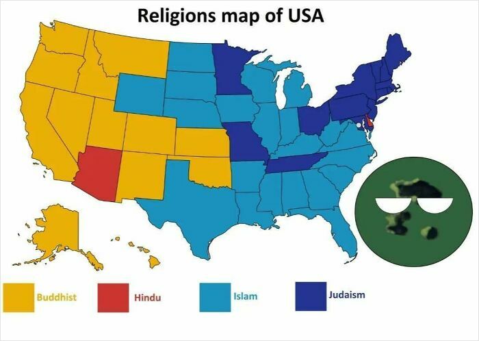 USA map depicting predominant religions by state including Buddhism Hinduism Islam and Judaism