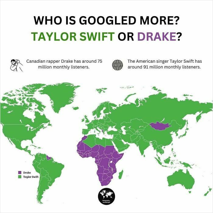 World map comparing regions who Google Taylor Swift versus Drake more