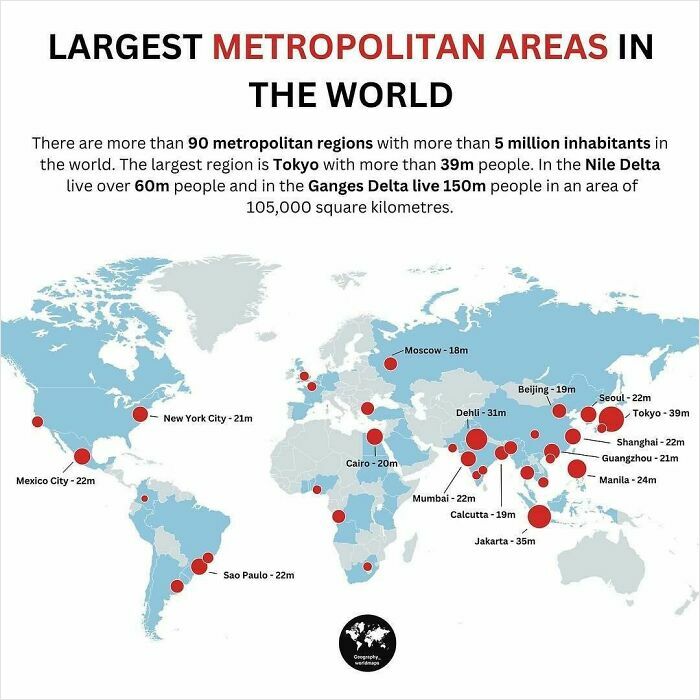 Map highlighting largest metropolitan areas in the world with population sizes marked