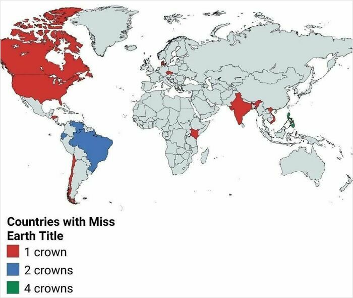 World map highlighting countries with Miss Earth titles by number of crowns