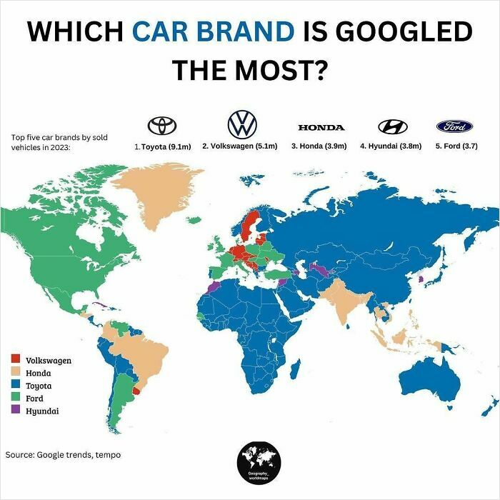 Global map showing which car brand is googled the most by country with top five brands listed