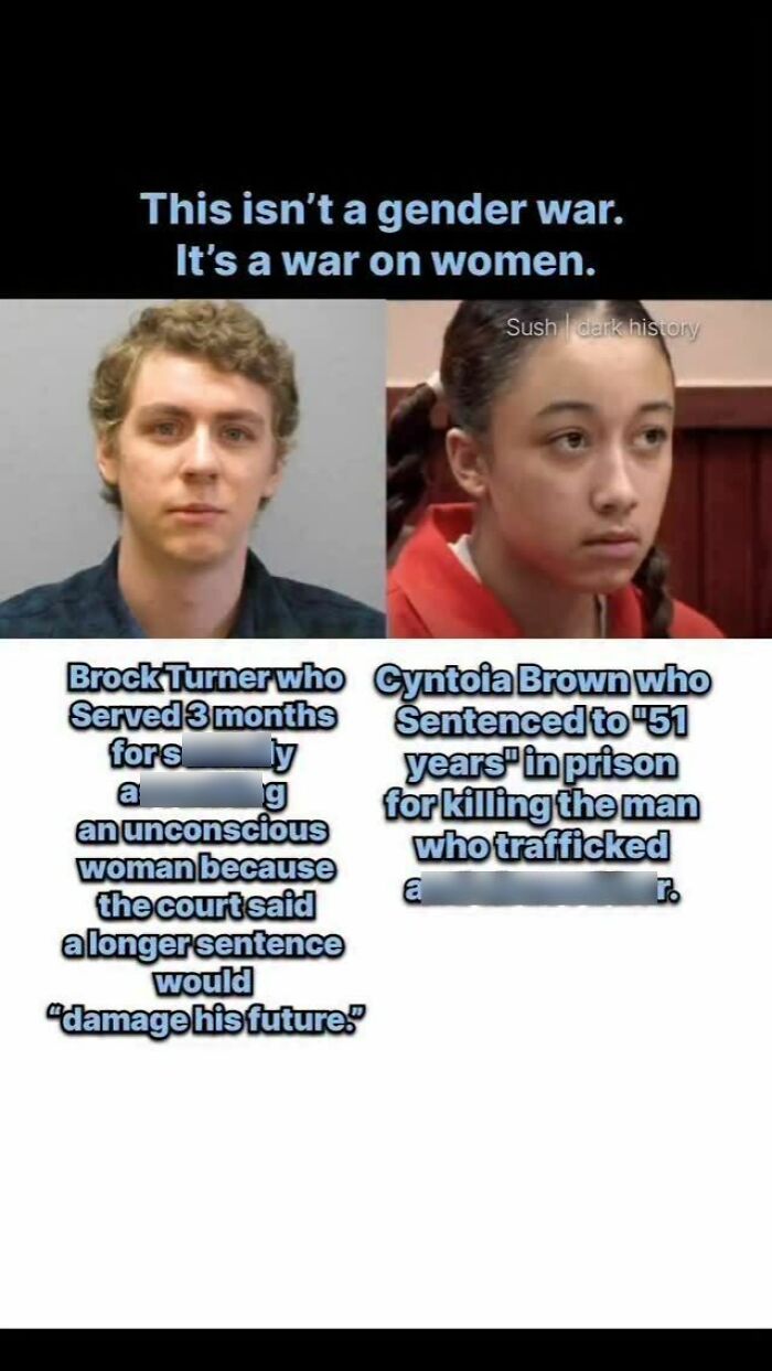 Comparison of Brock Turner and Cyntoia Brown highlighting gender war and women injustice cases