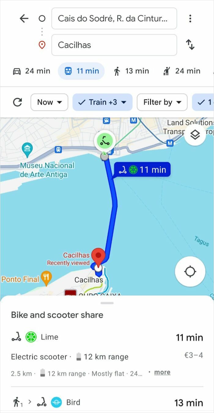 Google Maps route showing electric scooter share travel time from Cais do Sodré to Cacilhas
