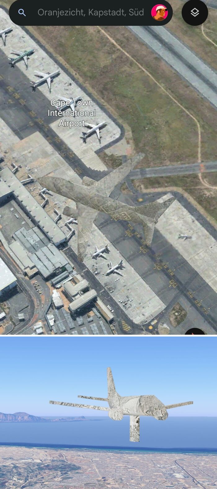 Satellite image of Cape Town International Airport with a large ghostly airplane figure on Google Maps