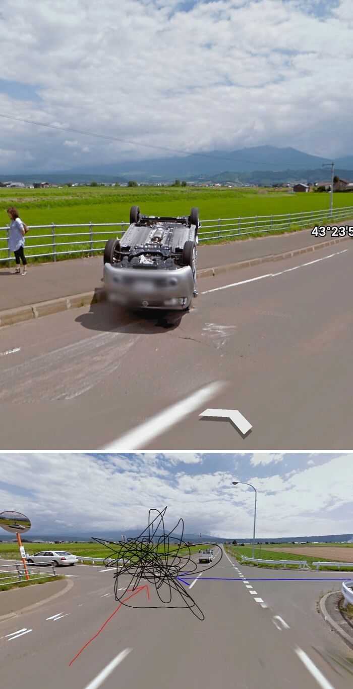 Google Maps shenanigans showing a flipped car on road with a woman nearby in rural area