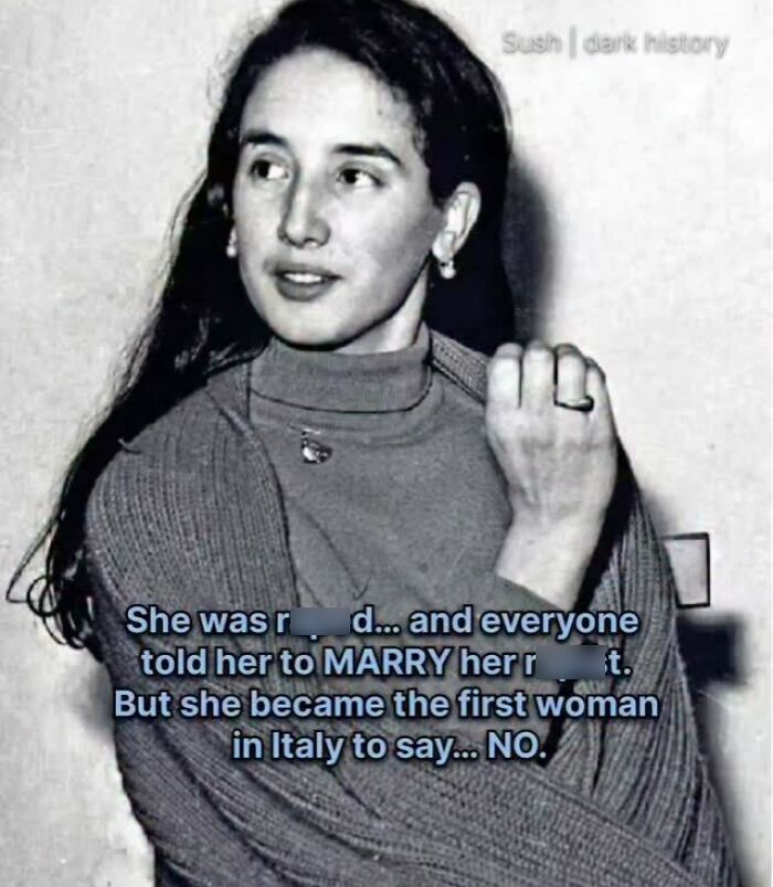 Black and white image of a woman who was first in Italy to refuse marriage after a*****t