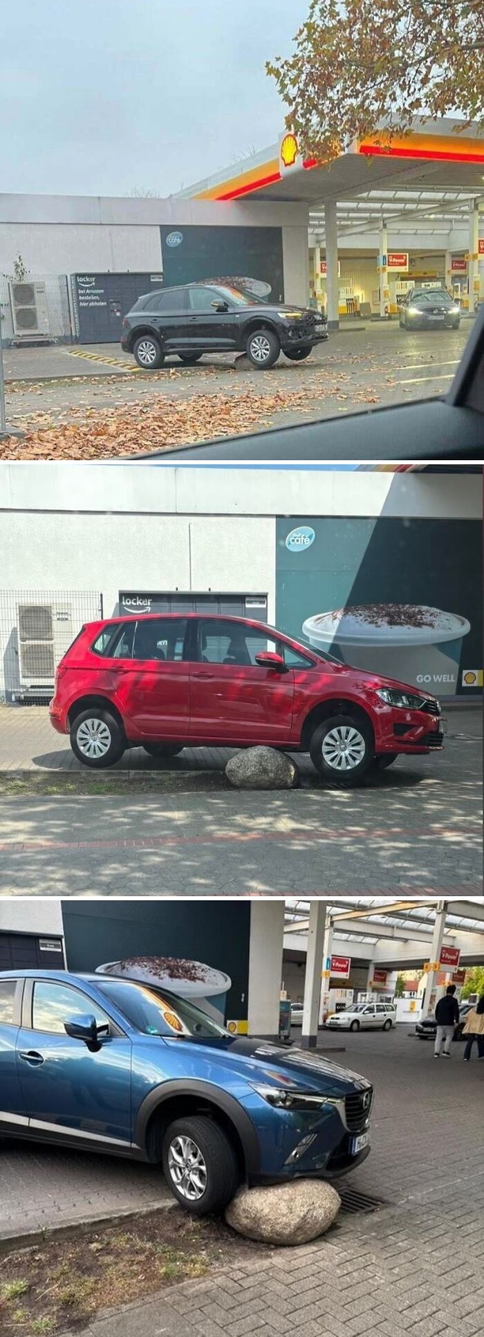 Cars stuck on rocks at a Shell gas station parking lot in Google Maps shenanigans