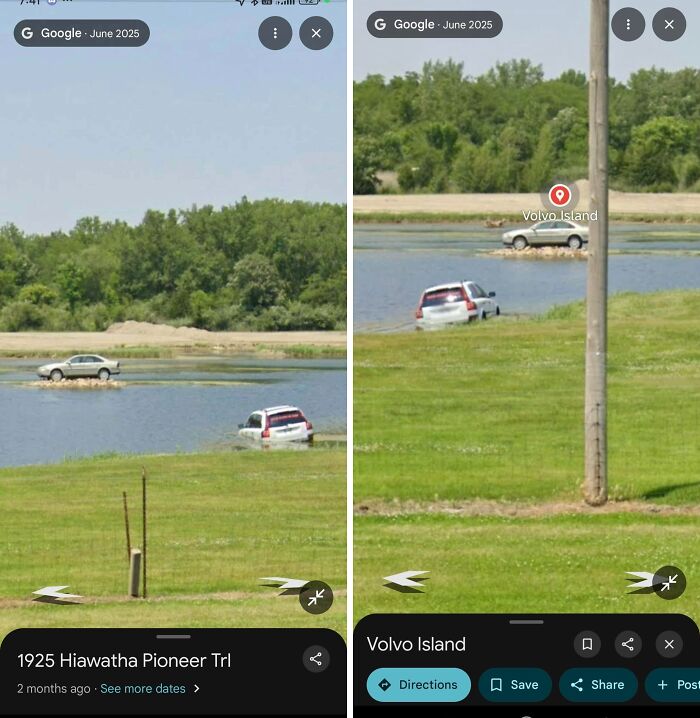 Google Earth street view of cars oddly parked in water at Volvo Island location