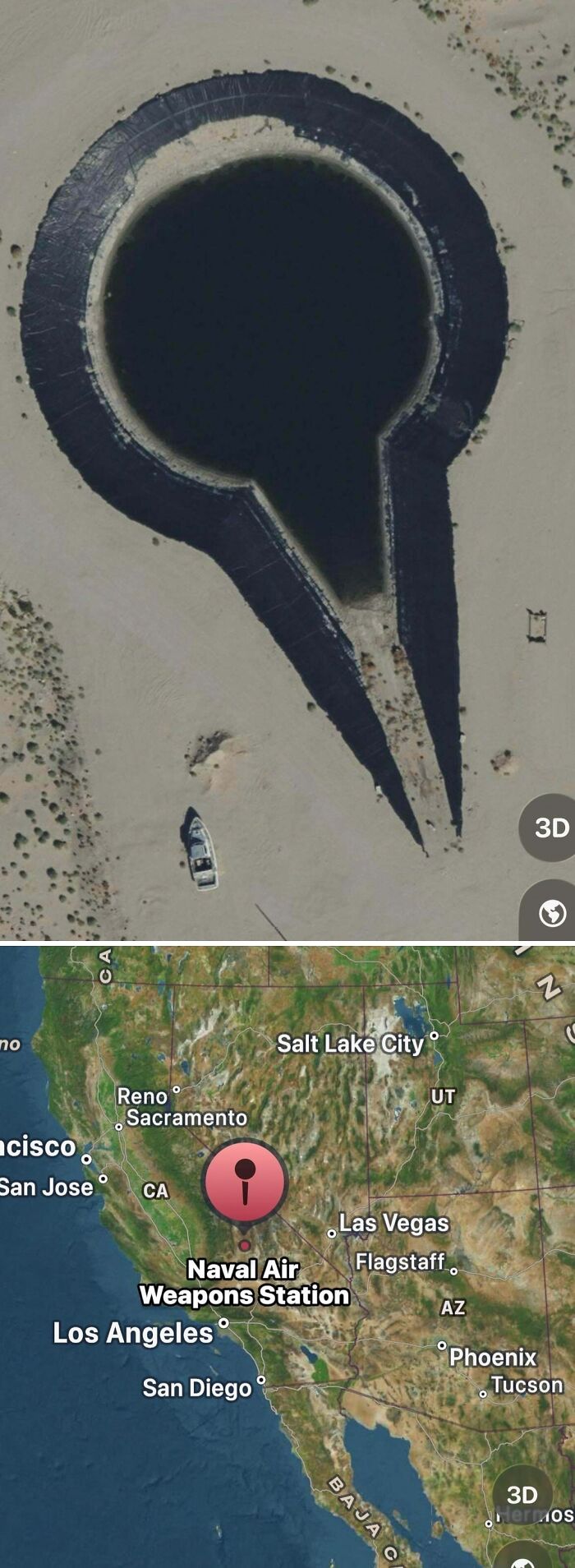 Aerial view of a keyhole-shaped body of water on Google Maps