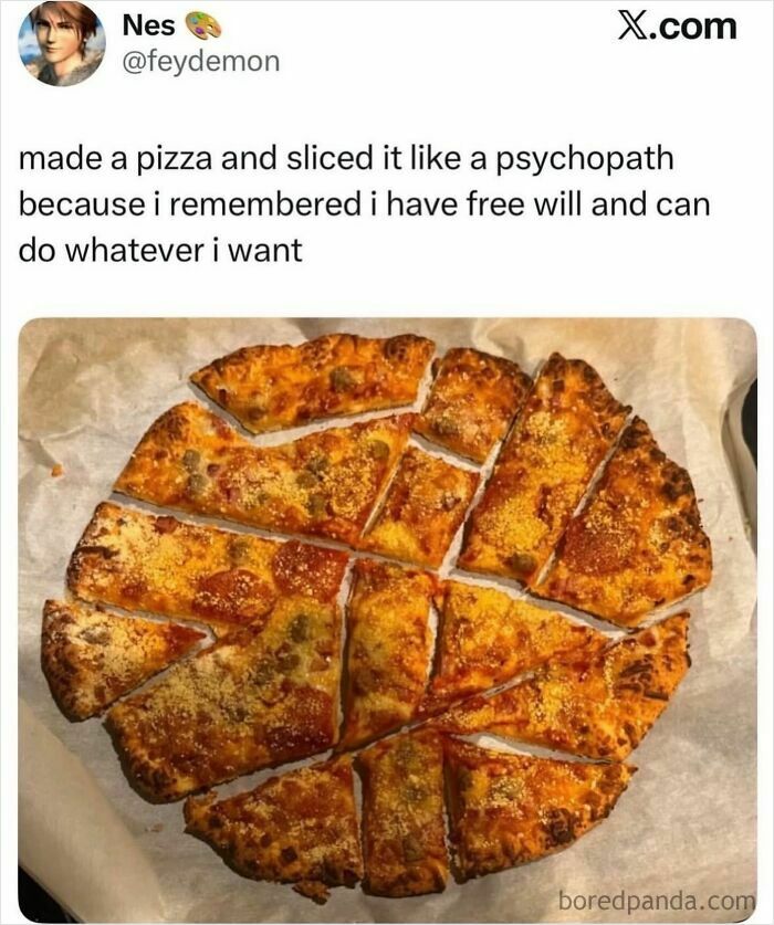 Pizza sliced irregularly with weird cuts meme