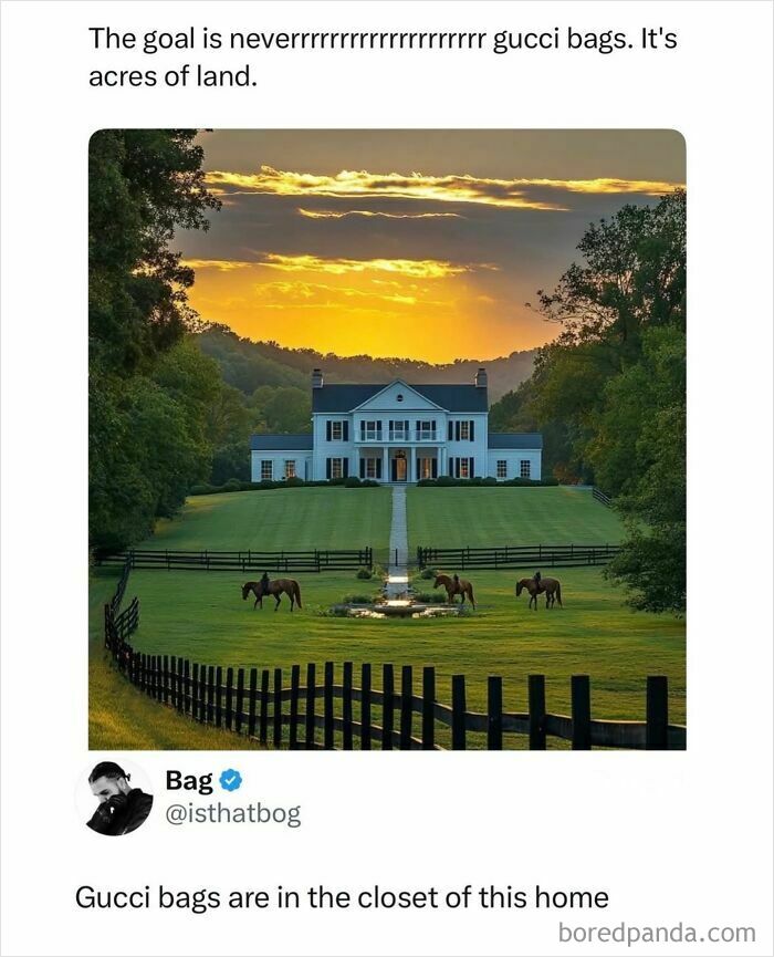 Large estate with horses and sunset showing acres of land meme