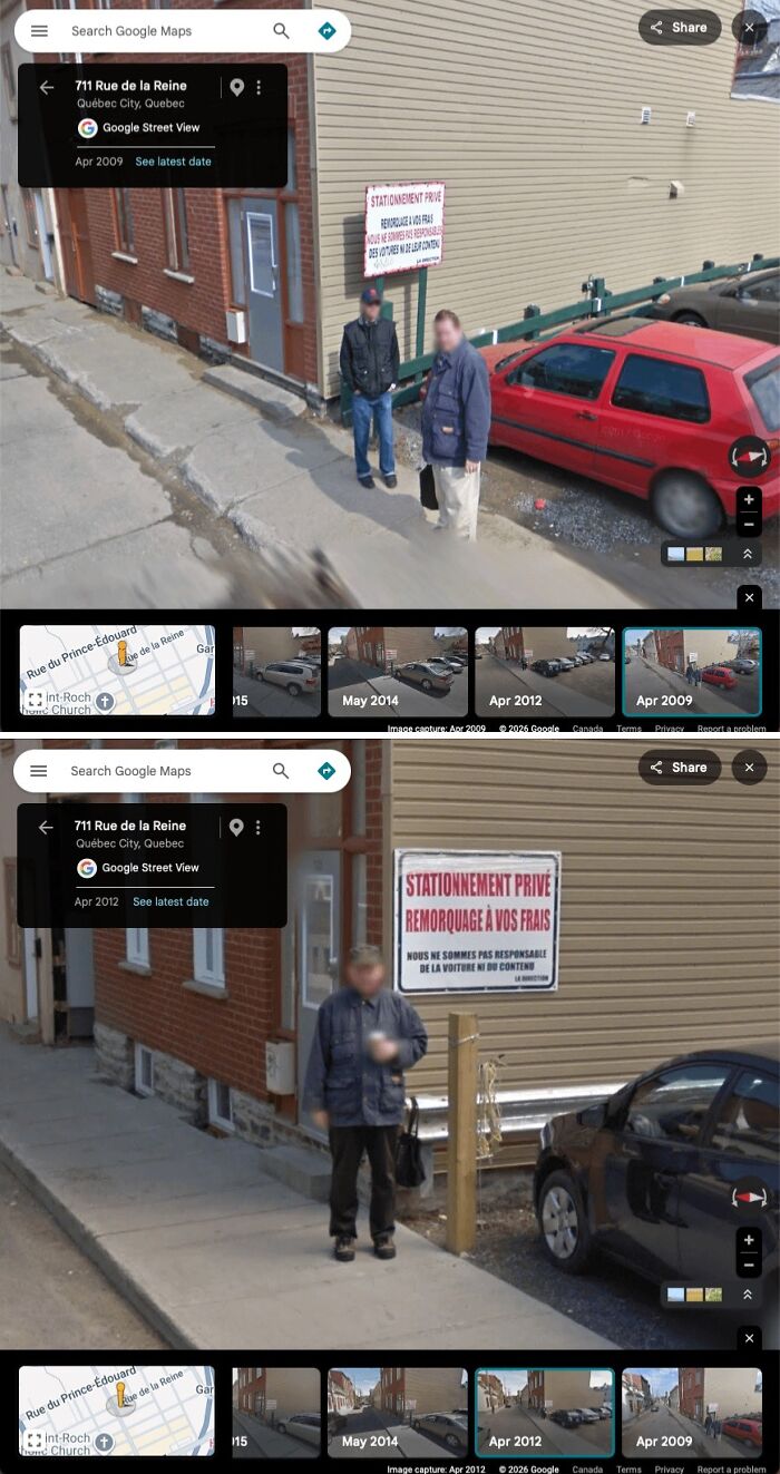 Google Maps street view of two men next to a building with a private parking sign