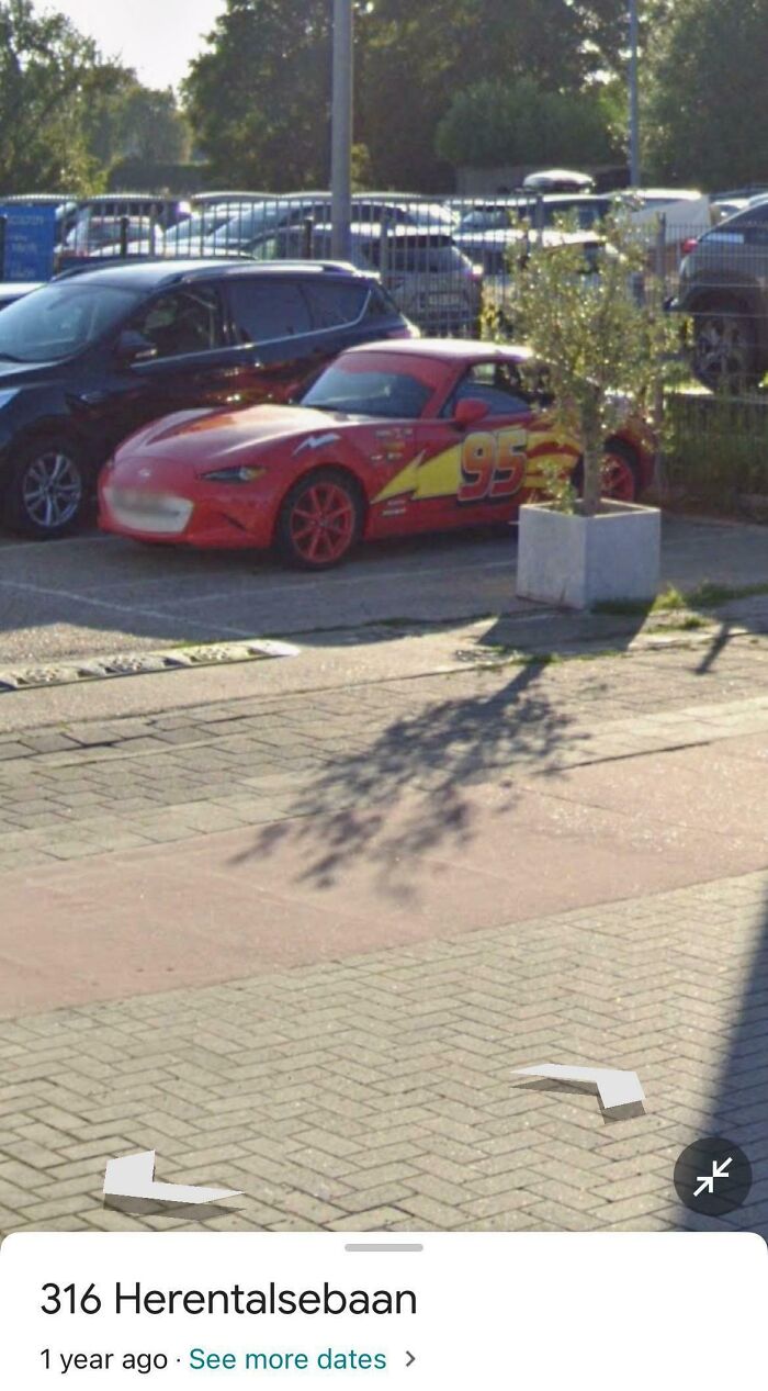 Car painted like Lightning McQueen from Cars movie spotted on Google Maps