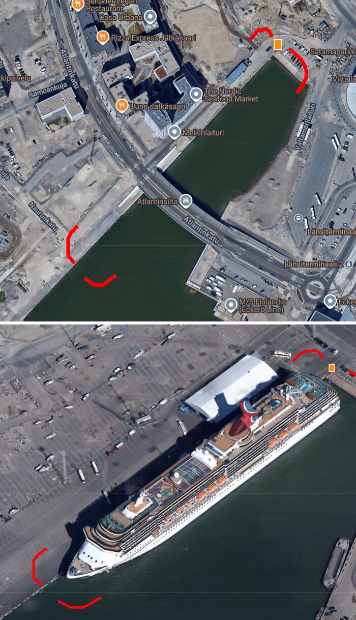 Google Maps aerial view of a harbor area with red markings highlighting map shenanigans