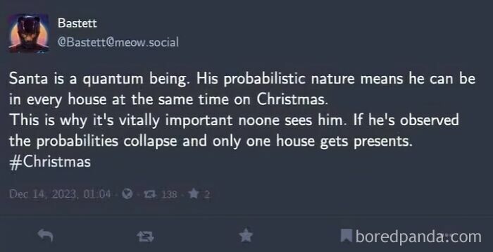 Social media post joking Santa is a quantum being science meme