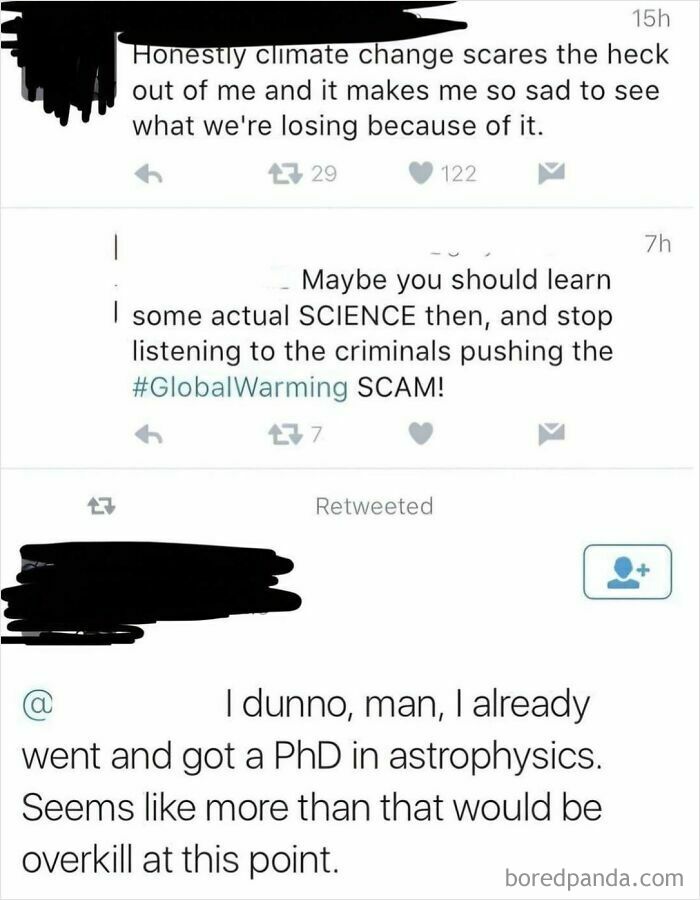 Twitter conversation about climate change and science PhD in astrophysics meme