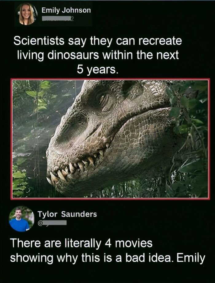 Science meme about recreating living dinosaurs and movie warnings