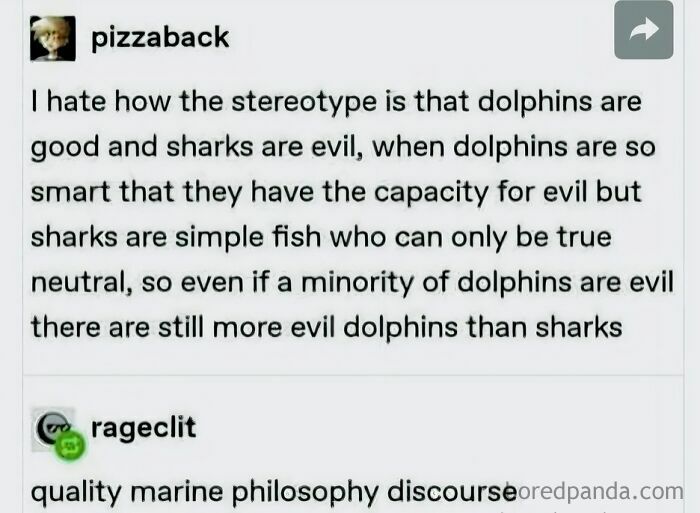 Funny science meme about dolphins and sharks and marine philosophy