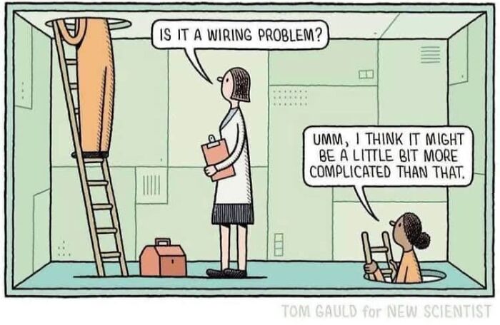 Science comic about diagnosing wiring problem, complicated issue