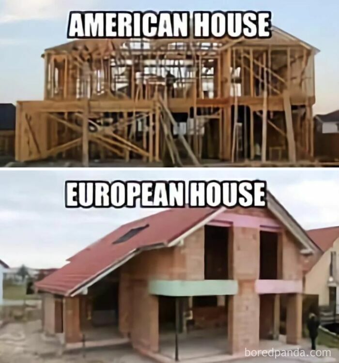 Comparison of American house wooden frame with finished European house brick construction