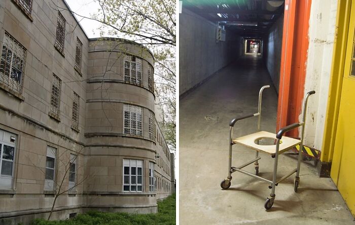Exterior of $14 million abandoned mansion with barred windows and overgrown yard