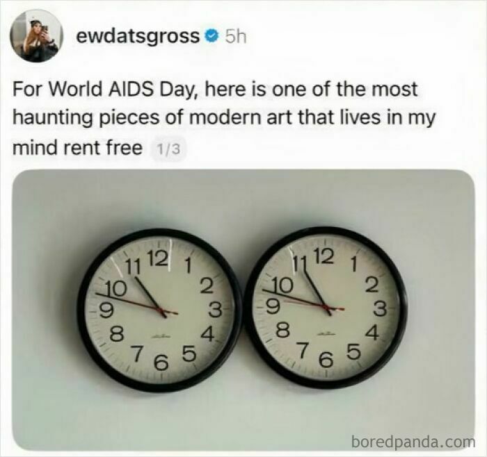 Two clocks arranged to resemble breasts referenced as modern art for World AIDS Day