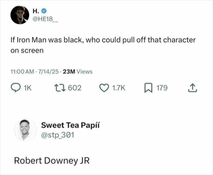 Tweet about Iron Man casting with a reply naming Robert Downey JR internet content