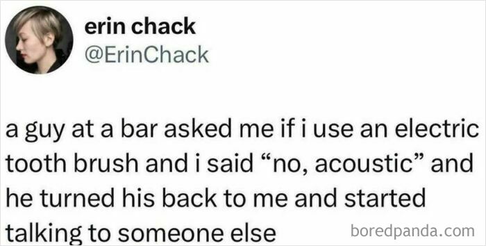 Tweet joke about acoustic toothbrush confusion in a bar setting
