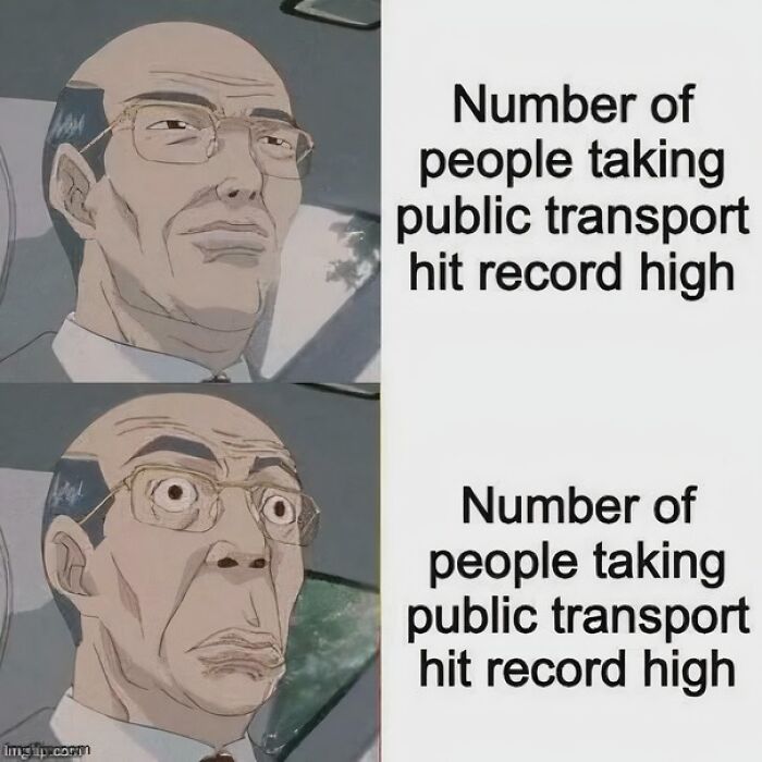 Public transport usage meme with surprised cartoon face reaction
