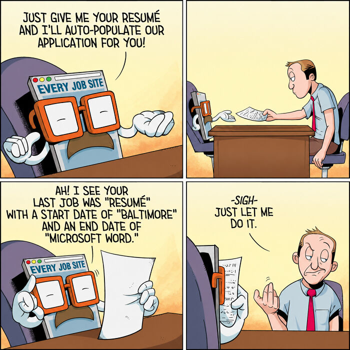 A comic showing a job site failing to correctly auto-populate an application from a resume, illustrating recruiting hell.