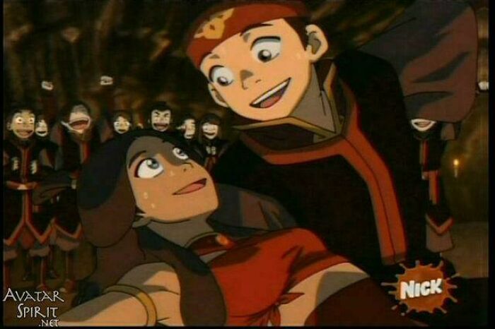 Animated characters Aang and Katara from Avatar: The Last Airbender, looking at each other, one of many nonsensical movie details.