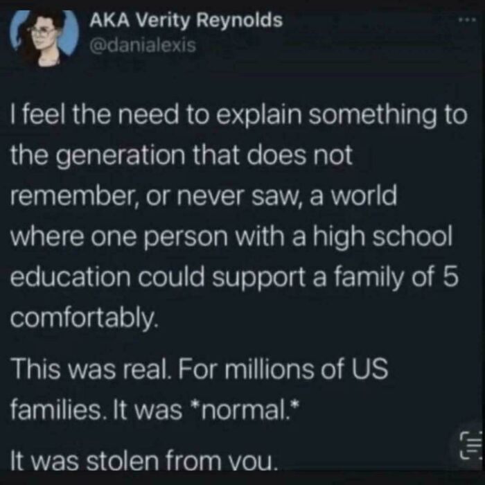 A tweet explaining that a high school education used to support a family, a baffling post about work.