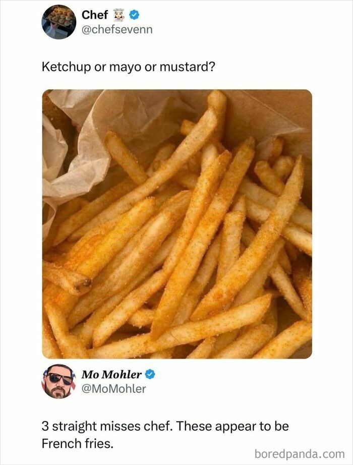 Close-up of seasoned French fries with tweets about ketchup, mayo, and mustard
