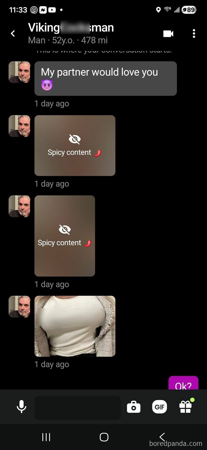 Chat messages with spicy content and blurred photo in dating app conversation