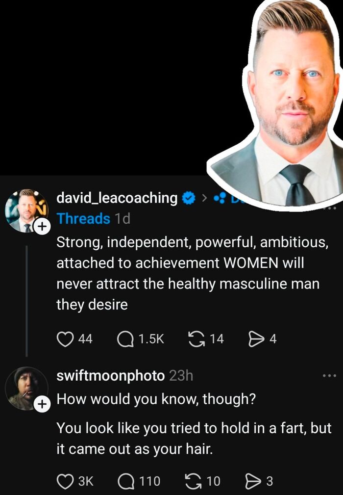 Social media post about women and healthy masculine men with a response comment