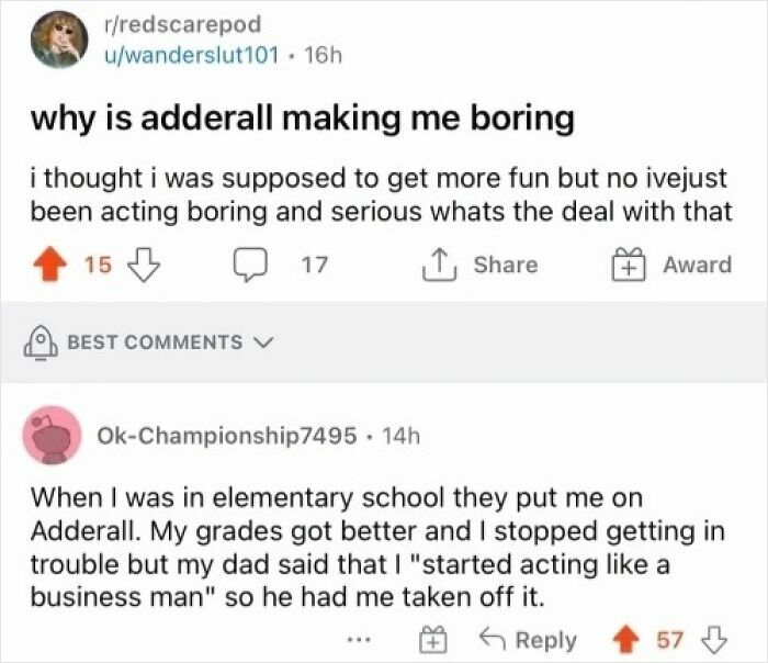 Reddit post discussing Adderall making someone boring with comments about school and behavior