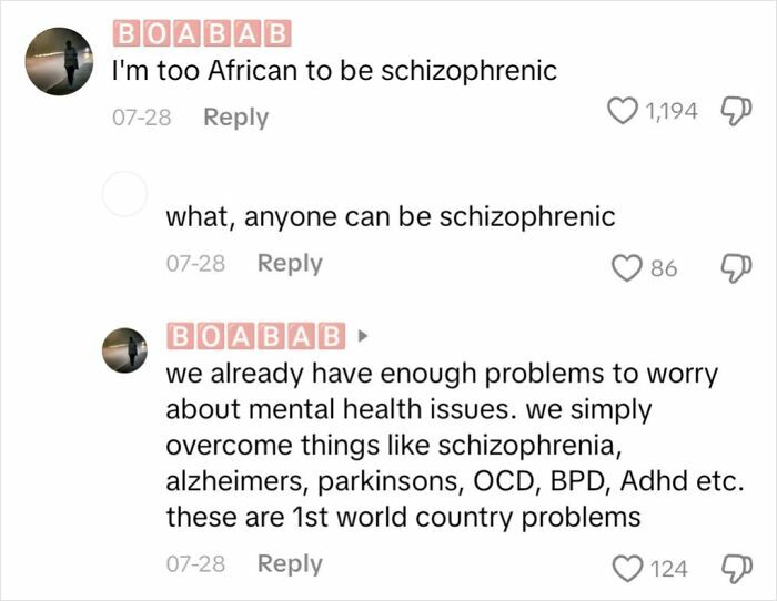 Funny comment about mental health issues and schizophrenia on social media