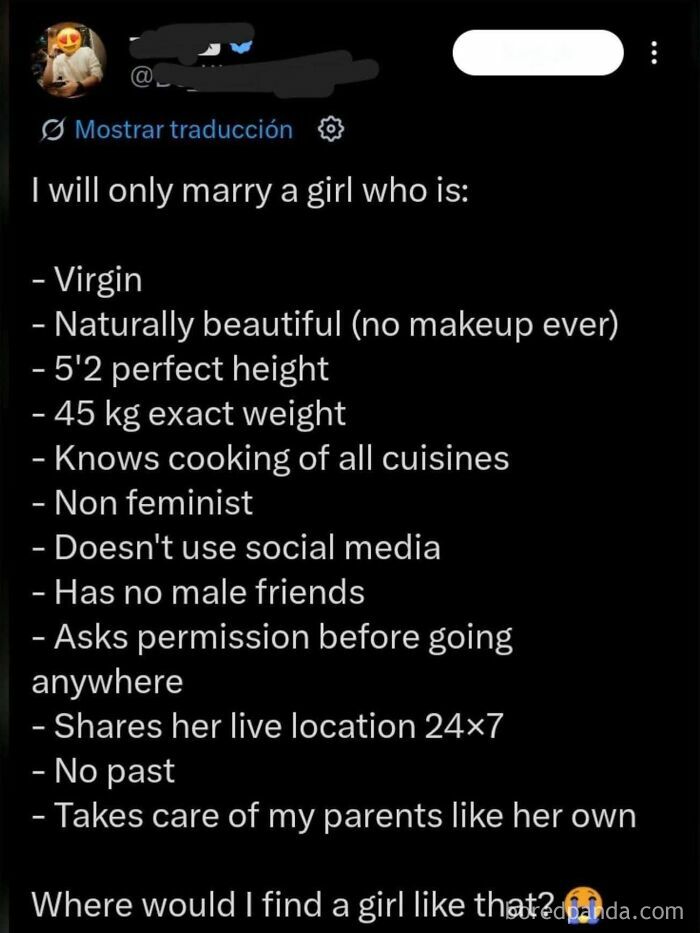 Tweet listing strict criteria a man wants in a girl highlighting market value confusion