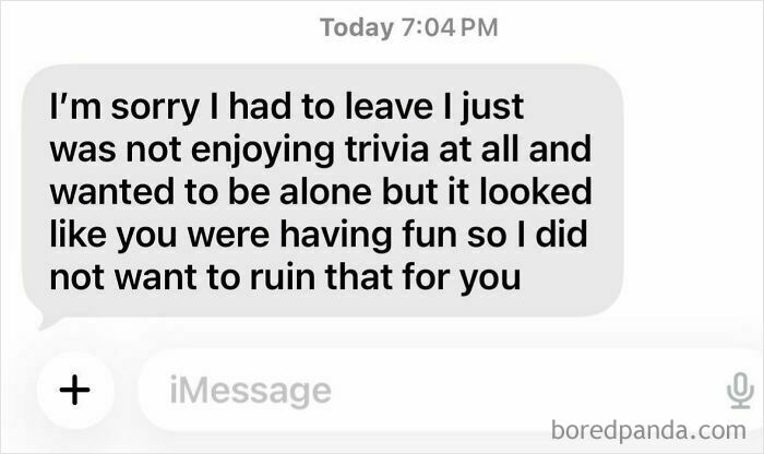 Screenshot of a text message apologizing for leaving a trivia game early to avoid ruining others' fun