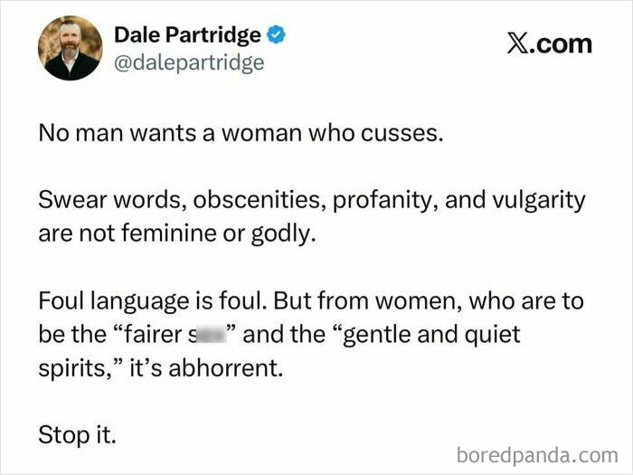 Tweet criticizing women who use foul language and its perceived impact on femininity