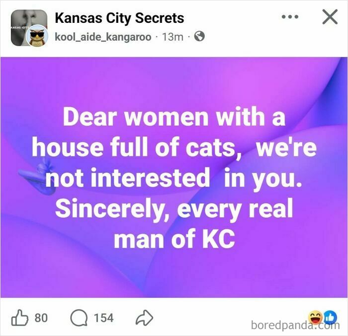 Social media post dismissing women with many cats by Kansas City men