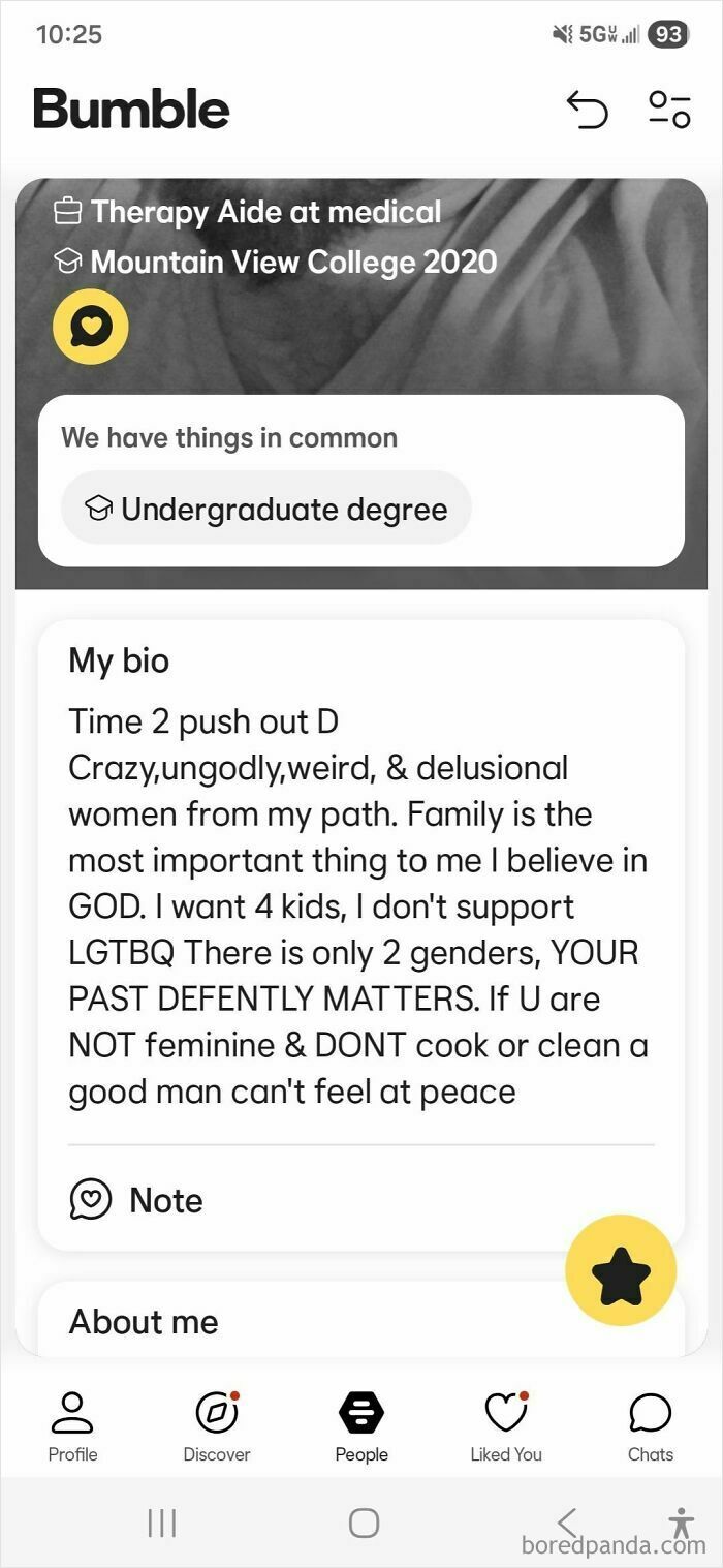 Dating profile screenshot showing controversial personal beliefs