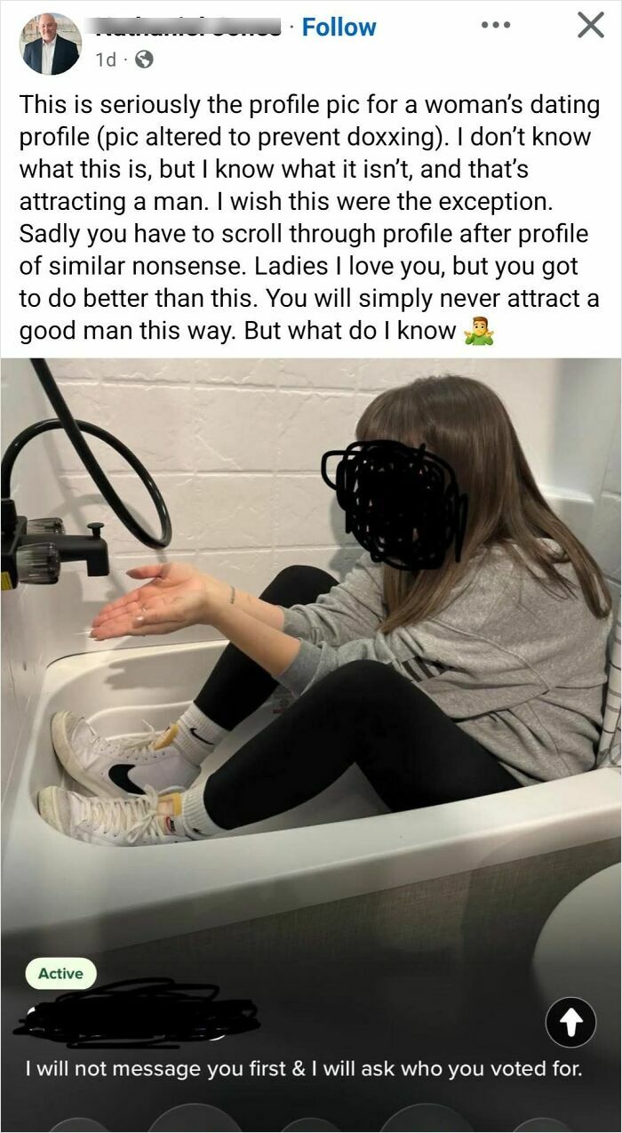 Social media post criticizing a woman’s dating profile picture