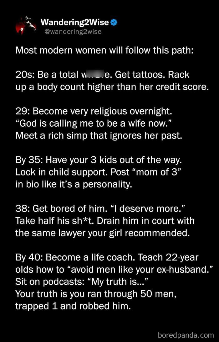 Tweet outlining a critical timeline of modern women's life, linked to confused market value narrative