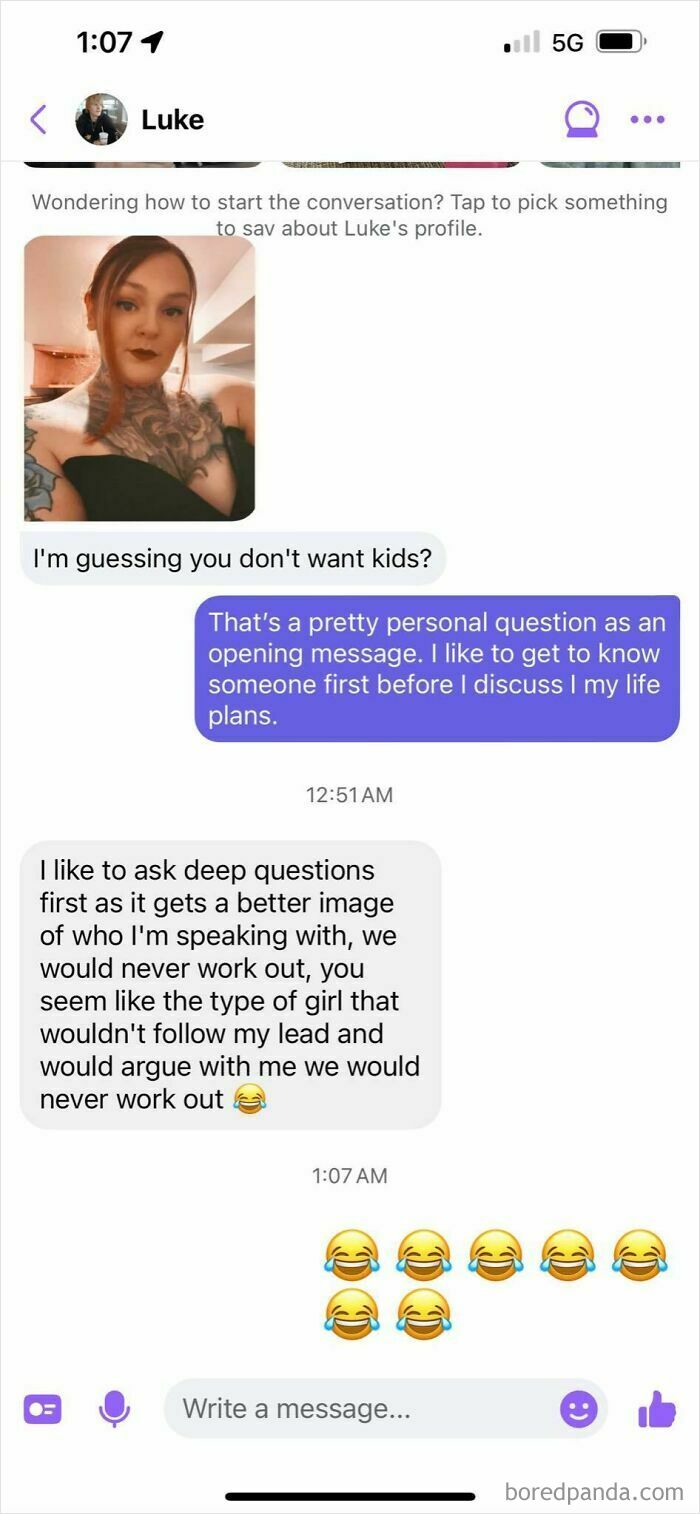 Screenshot of dating chat about personal questions and relationship doubts