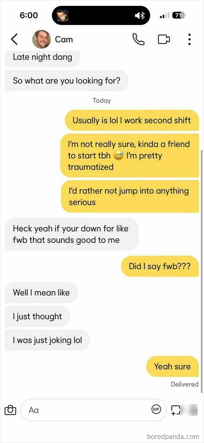 Screenshot of confusing late night dating chat about friends with benefits and trauma