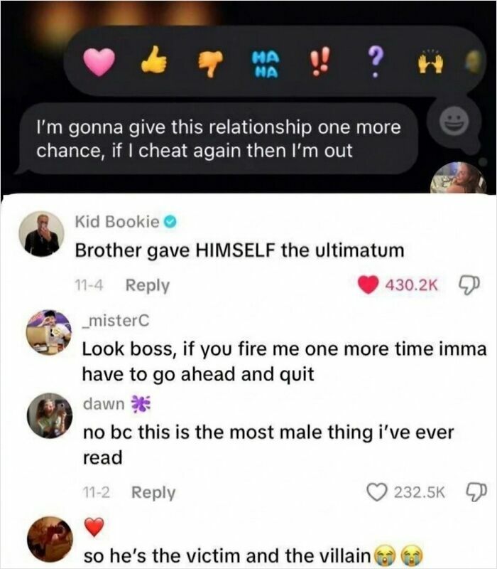 Text conversation about giving a relationship one last chance and comments on male perspectives